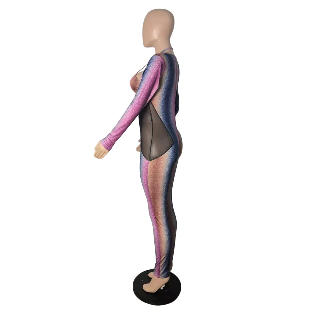

Sexy Club Outfits for Women Festival Clothing Mesh Bodycon Sexy Rompers Womens Jumpsuit Long Sleeve Zipper Overalls for Women