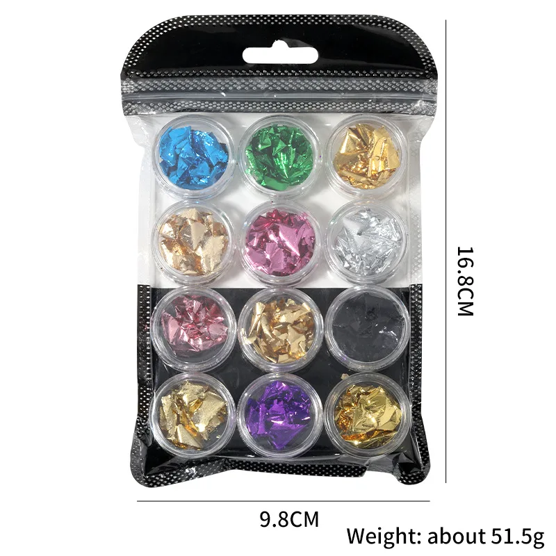 

Japanese Gold and Silver Bottled Tin Foil Nail Art Accessories 12 Boxes of Mixed Colors for Nail Art Design Decoration