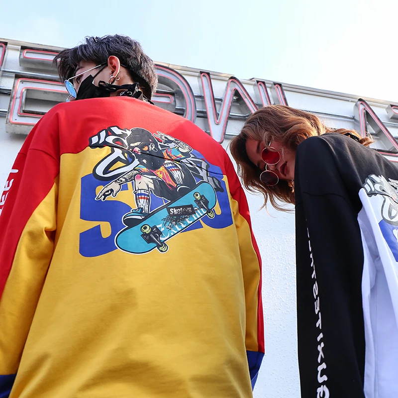 Японские футболки с длинным рукавом для пар в стиле хип-хоп Харадзюку футболка