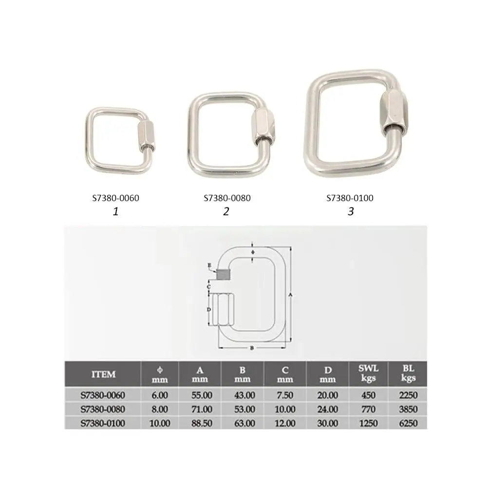 

Stainless Steel Quick Link Lock Carabiner Hanging Hook Buckle 2250kg/3850kg/6250kg Breaking Force for Outdoor Camping Hiking