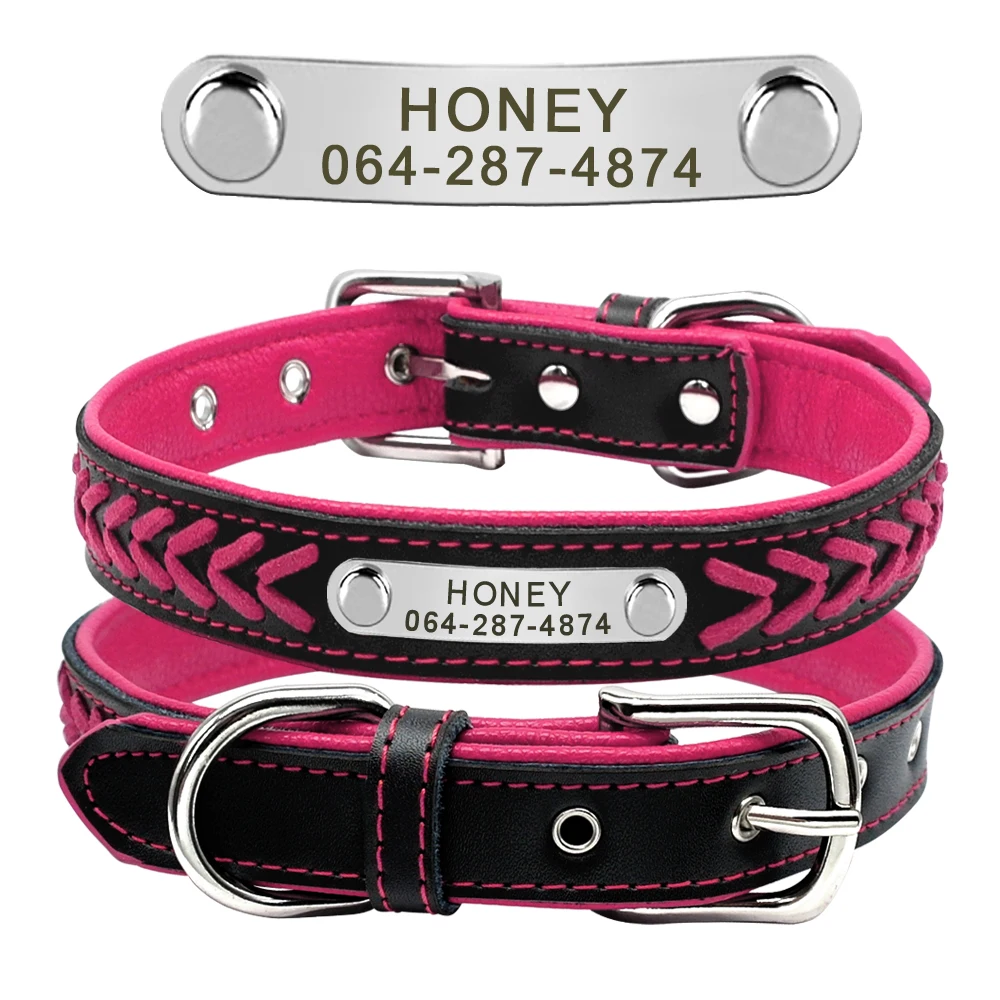 Hot Pink Кожаный ошейник для собак Плетеный персоанзсид ID бирка ошейники именная табличка индивидуальный ошейник для домашних животных кожаные поводки с карабином - Цвет: Hot Pink