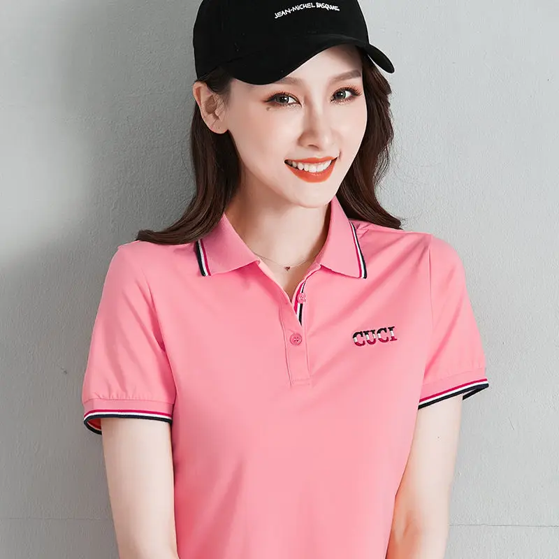 

2020 Summer Women Shirts Short Sleeved T Shirt Women's Polo Shirts 95% Cotton Korean Femme Casual Sports Tops Embroidery Logo