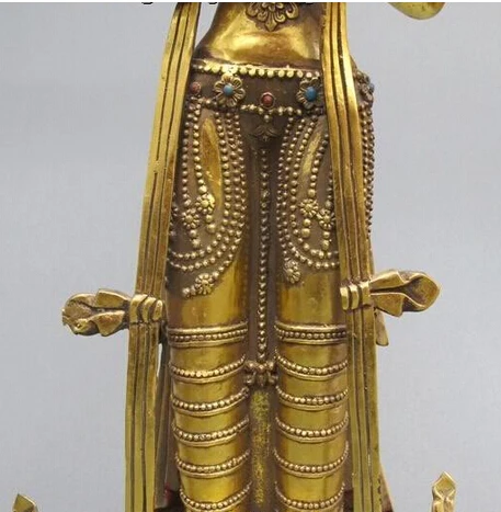 Tibet Refined Bronze Gilt Stand Kwan-Yin guanyin Bodhisattva Buddha statue |