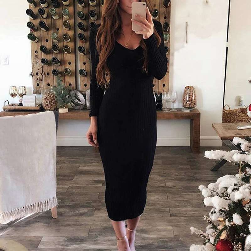 2020 вязаный свитер платье для женщин эластичные с длинным рукавом сексуальное