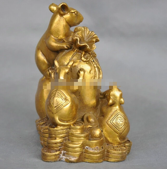 

WBY911+++5'' China Zodiac Five Rat Mouse Money Coin Bag Bronze Statue