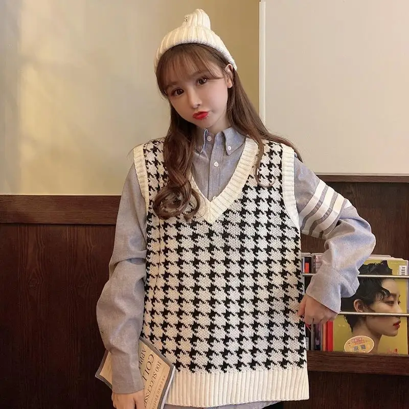 

Autumn/Winter 2022 Fashion New Korean Version Of Loose-fitting Sleeveless V-neck Retro Houndstooth Vest Women Sweater Jacket