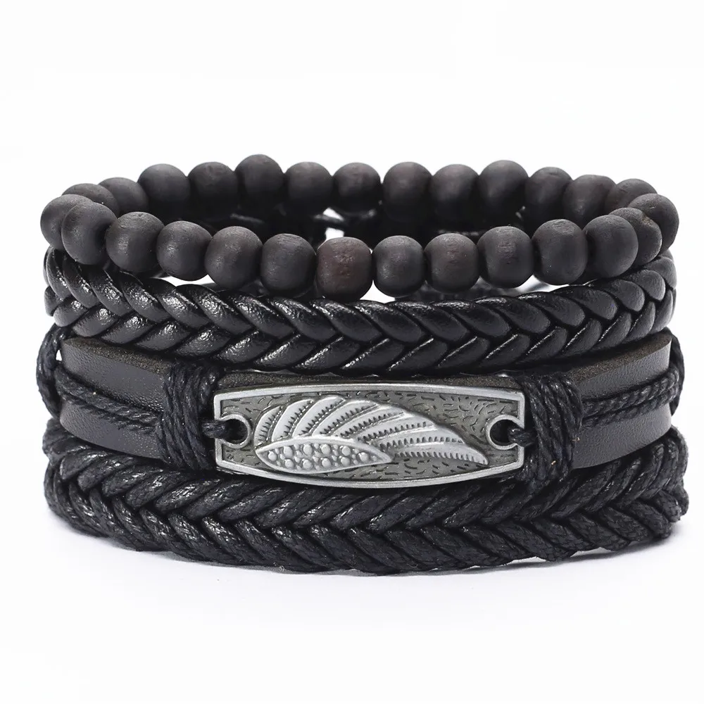 Новые модные кожаные браслеты с подвесками в виде листьев и перьев 4 шт./компл.