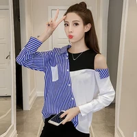 overalls ladies new shirt long sleeved button stitching shirt casual o neck stripe large size shirt female spring autumn shirt