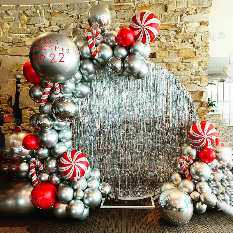 

108pcs New Year Garland Balloons Arch Kit Red Silver Candy Foil Balloons 4D Ball Holy Event Christmas Party Decors Air Globos