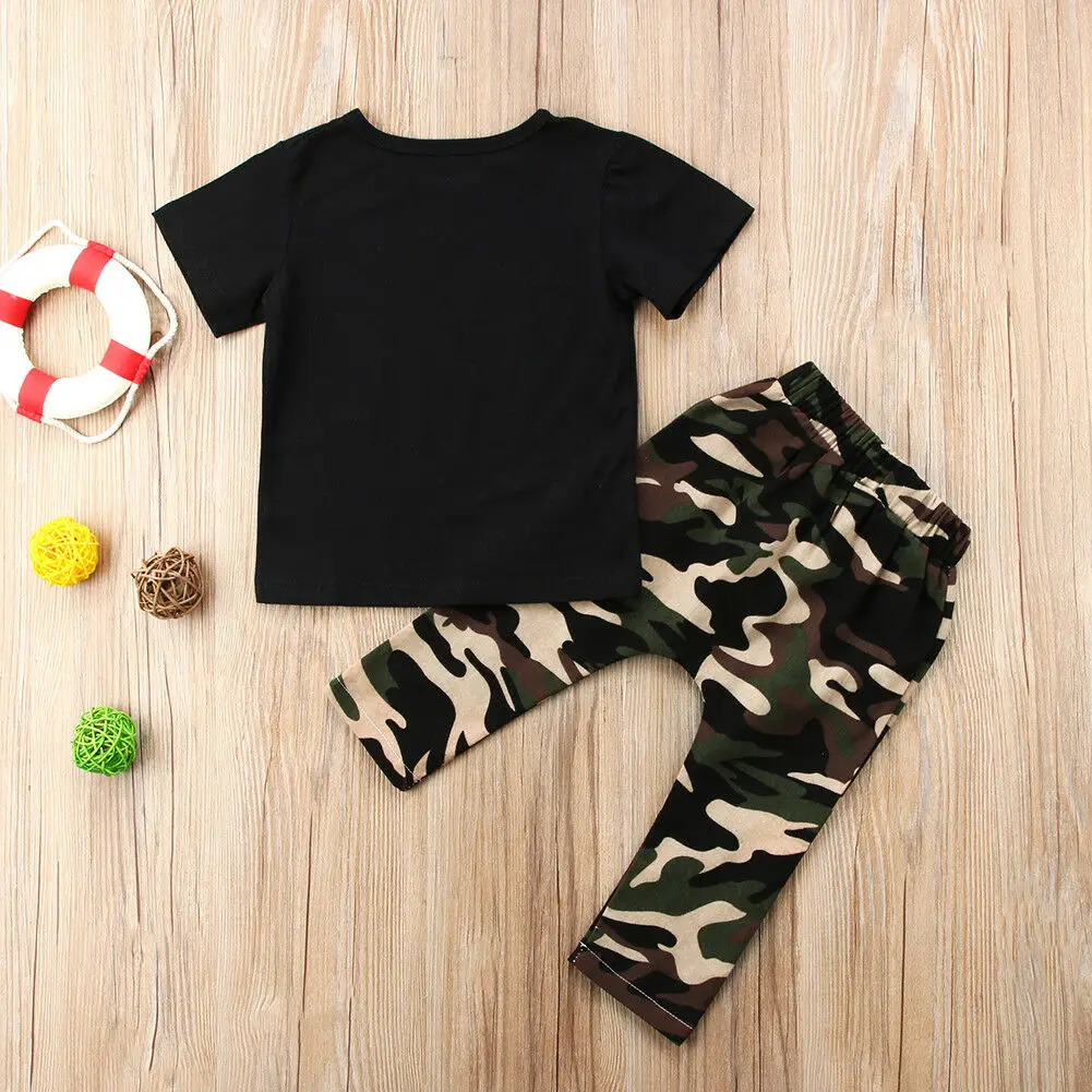 Fashion Toddler Kids Baby Boys Clothes Letter Tops T-shirt+ Camo Pants 2Pcs Outfit Set |