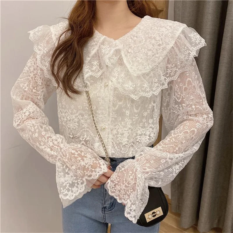

Spring Women Blouses Spring Lace Patchwork Blouses Lady Long Sleeve Solid Vintage Shirts Doll CollarTops Korean Blusas Mujer