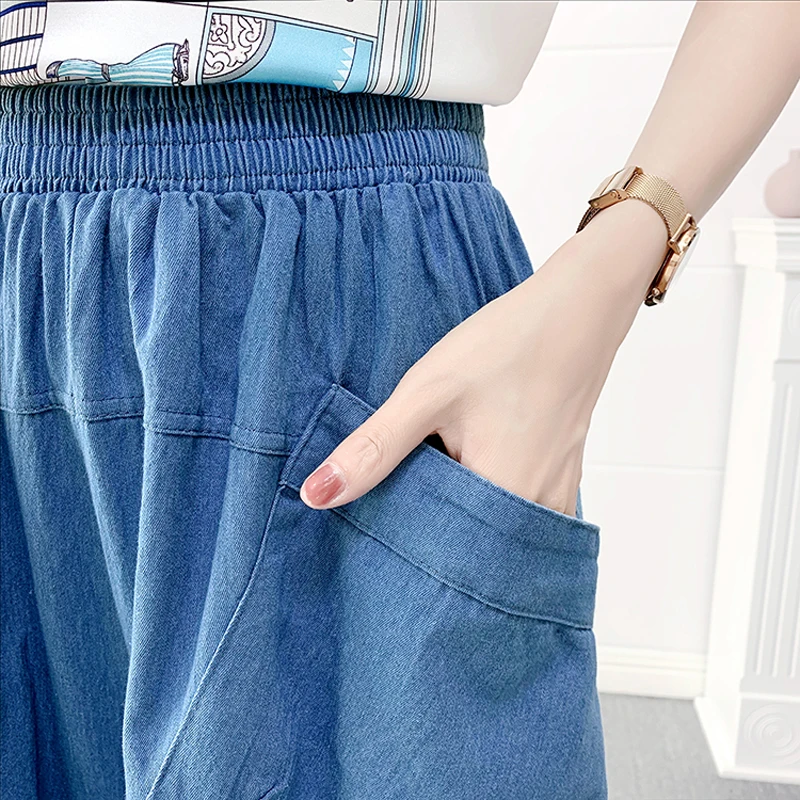

Three Quarter Length Denim Wide Leg Shorts Spring Summer Casual High Waisted Washed Loose Short Jeans Pants B13102X