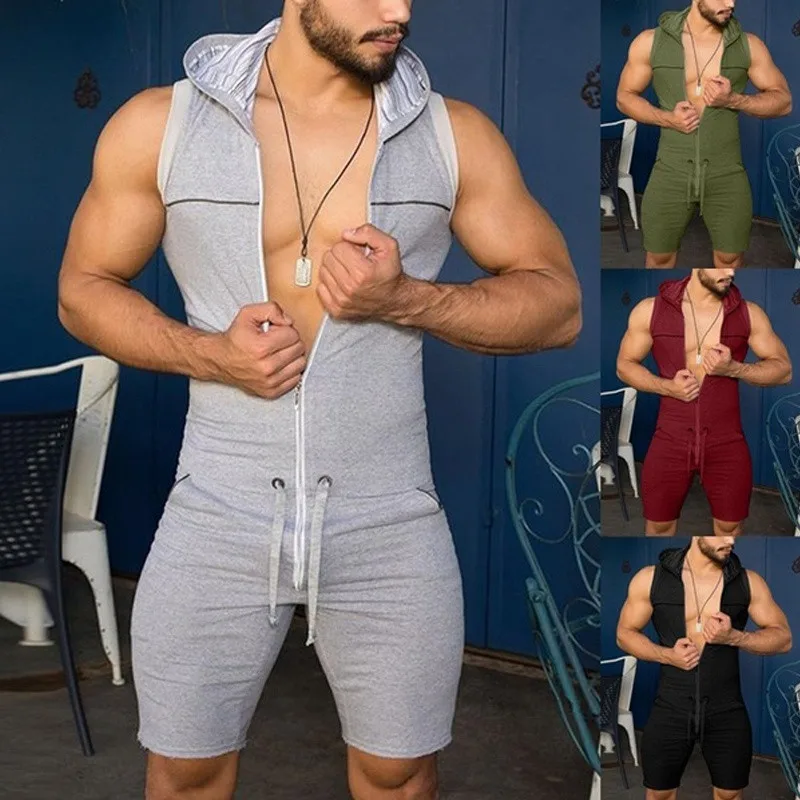 

New Short Jumpsuit Men Tight Bodysuit Zipper Sleeveless Hooded Rompers Pants with Pockets Casual Men Home Wear Tracksuit Pajamas