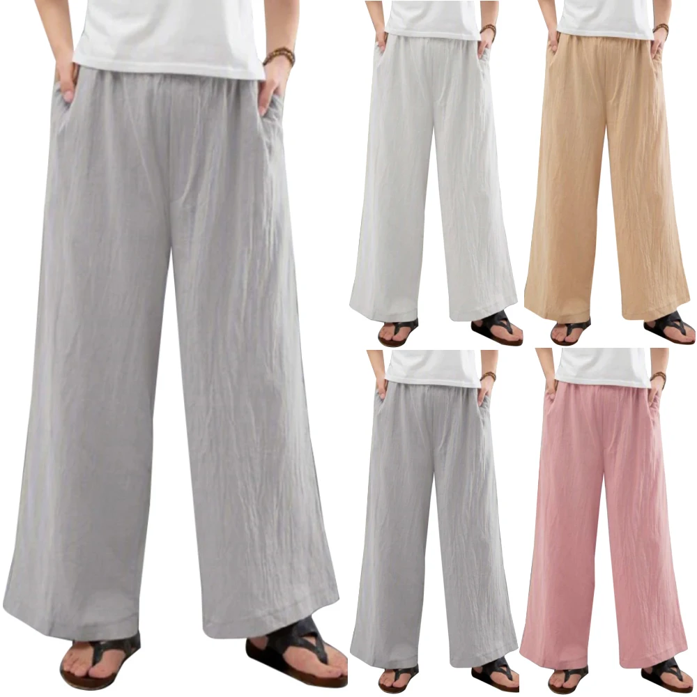 

Summer Cotton Linen Pants Women Solid Elastic Waist Wide Leg Pants Beach Streetwear Women Clothing Women Casual Pants