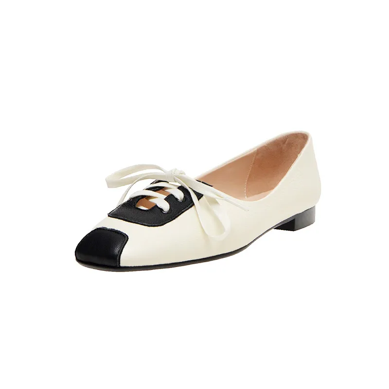 

New Retro Low Heel Women Single Shoes Cowhide Square Head Fashion Cross-tied Shallow Mouth Ladies Shoes Zapatillas mujer