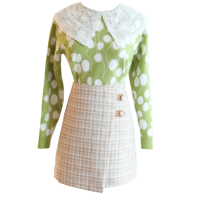 

Fall New Dress Suits Lace Peter Pan Collar Long-Sleeved Sweater Plaid Irregular Buttocks Short Skirt Outfit Women 2 Pcs Set