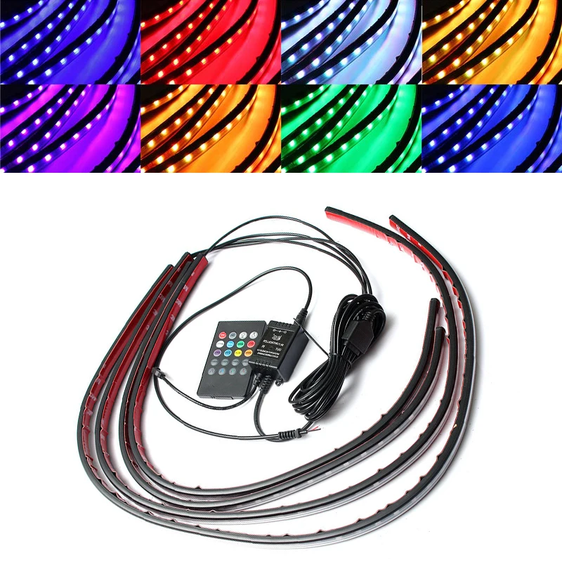 

Светодиодная лента RGB для автомобиля с дистанционным управлением, 4 шт., 5050 SMD, декоративные атмосферные лампы под автомобильную трубку, подс...