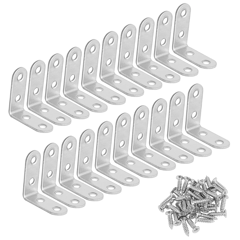 

20 Set L Bracket Corner Brace Stainless Steel 90 Degree Right Angle Bracket with Screws Brackets Joint Fastener Durable