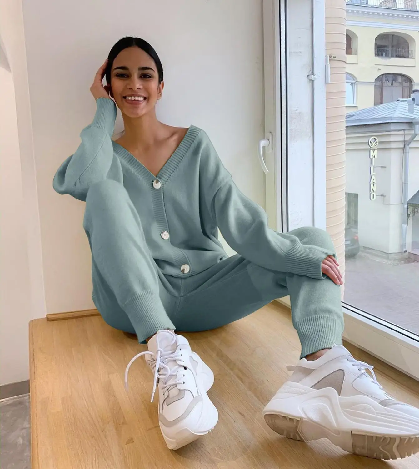 

Women Knitted Tracksuit Turtleneck Sweater Casual Suit Autumn Winter 2 Piece Set Knit Pants Sporting Suit Femme Clothing