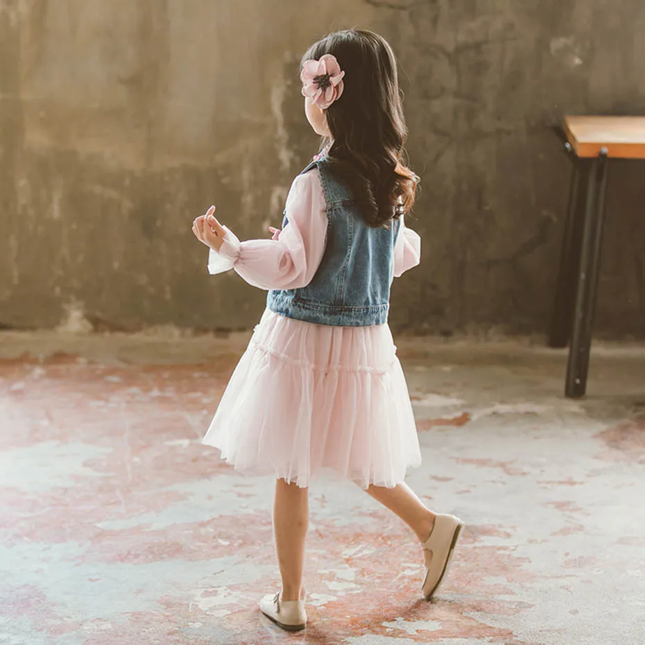 Одежда для девочек жилет + Сетчатое платье спортивные костюмы с украшением из