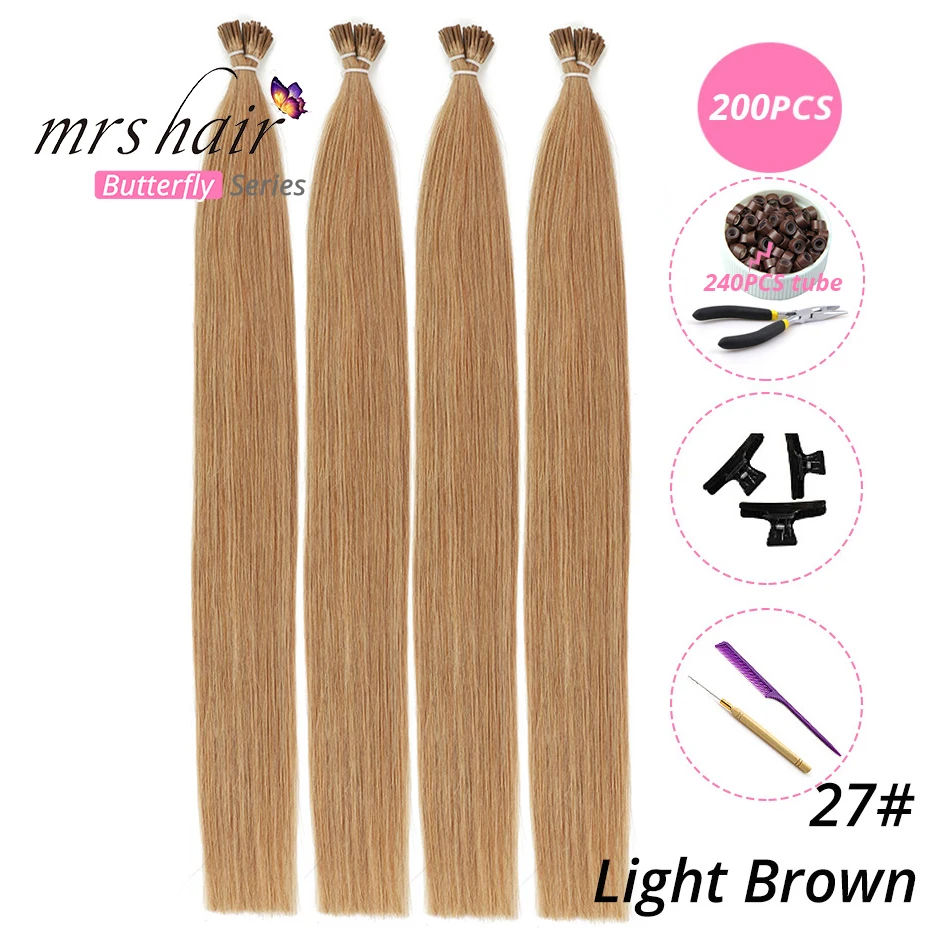 MRSHAIR, 1 г/шт., 16 дюймов, 20 дюймов, 24 дюйма, Предварительно Связанные волосы для наращивания, I Tip Machine, Remy, прямые человеческие волосы на капсулах, настоящие волосы, 50 шт - Цвет: KIT27-200