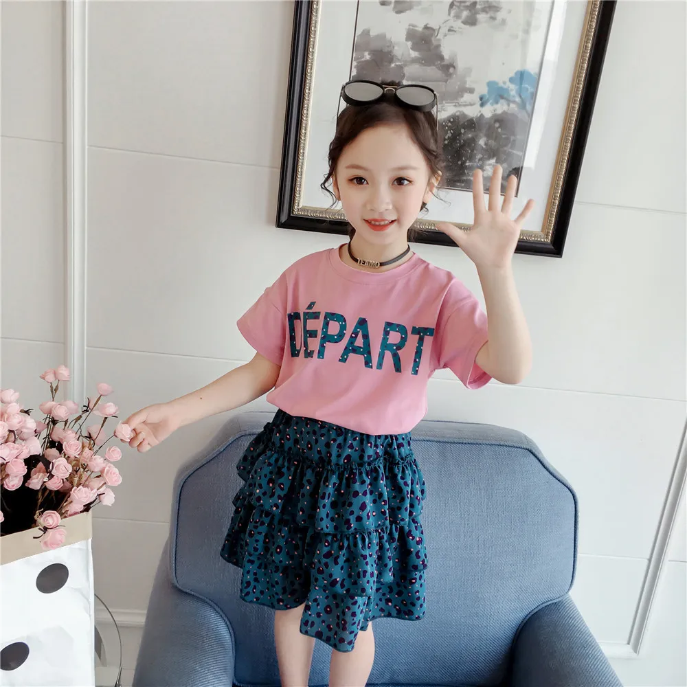 

Летний комплект из 2 предметов для девочек, футболка с коротким рукавом и круглым вырезом и юбка с эластичным поясом, повседневная одежда дл...