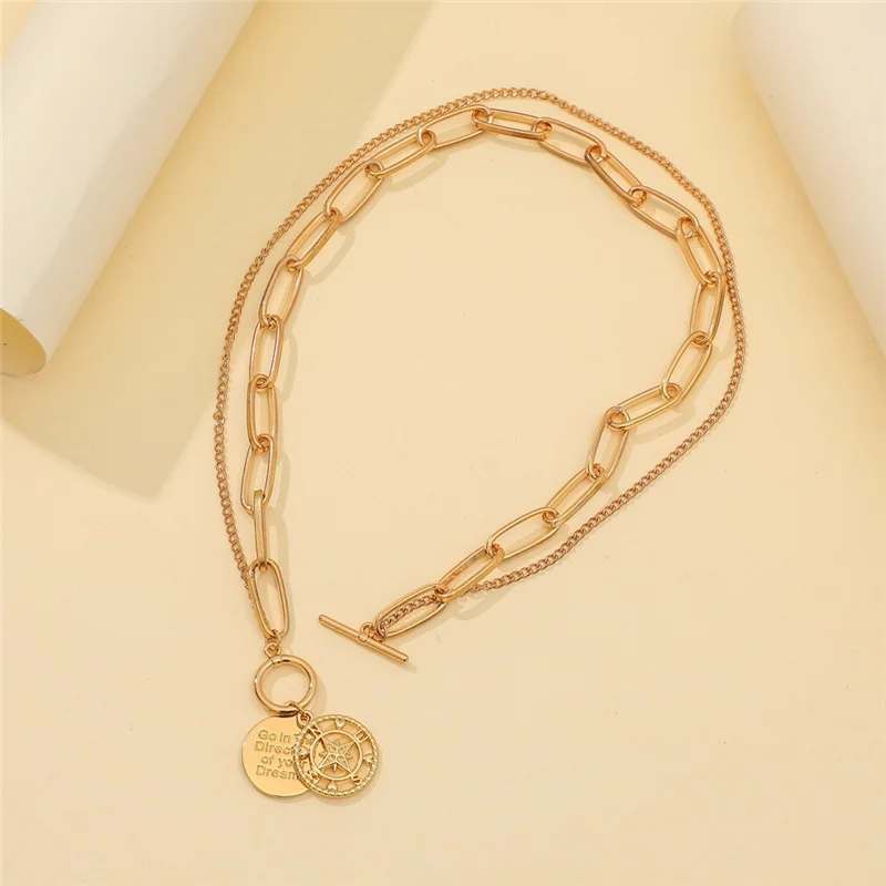 

Thick Chains Compass Bow Knot Coin Pendant Choker Necklace for Women Men Vintage Gold Layerd Chunky Jewelry Accessories