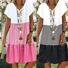 Для женщин в стиле бохо с v-образным вырезом в полоску с коротким рукавом, в горошек, в стиле пэчворк, свободное платье до колен