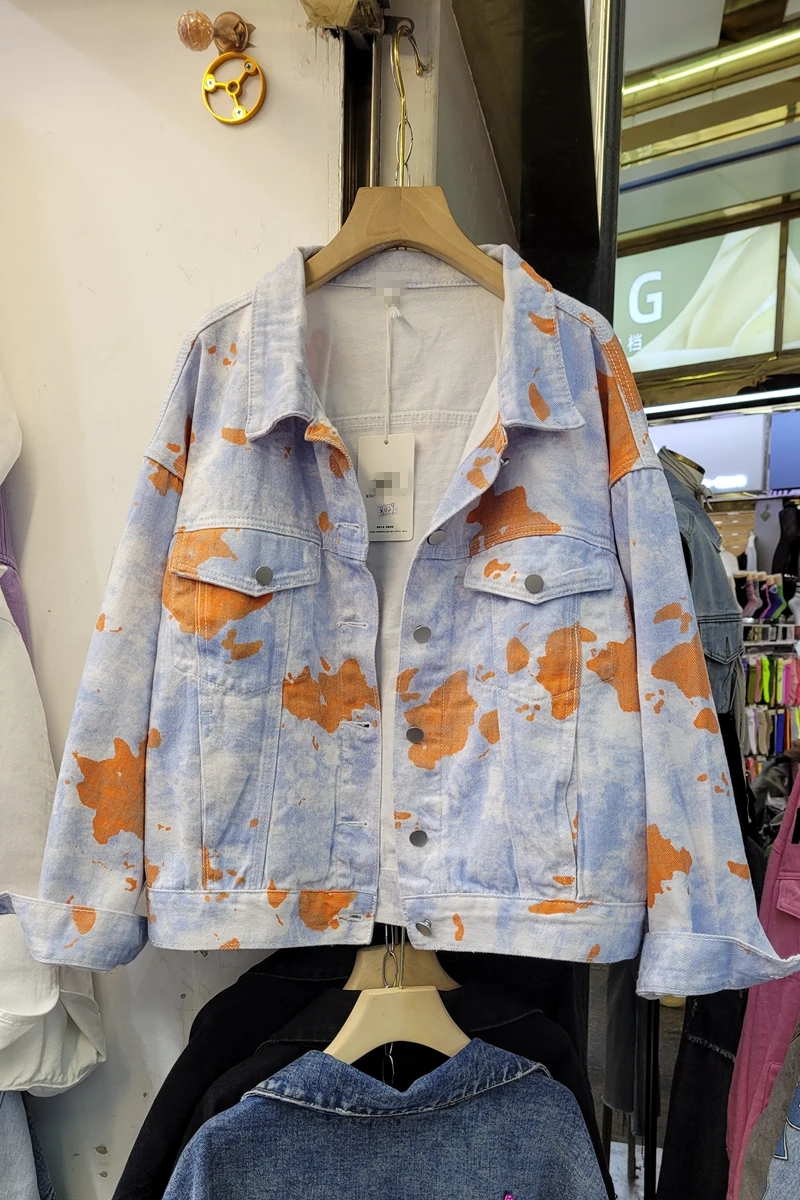 

Denim All-Match Loose Coat Women's Spring Thin Blue Baseball Uniform Streetwear with Orange Plaque Casual Style