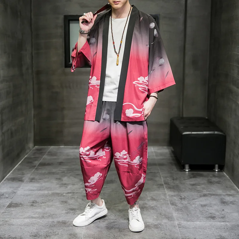 

Chinese Men Ancient 2pcs Tang Suit Summer Thin Ice Silk Cardigan Plus Size 5xl Robe Gown Sets Japanese Kimono Loose Tops Coat