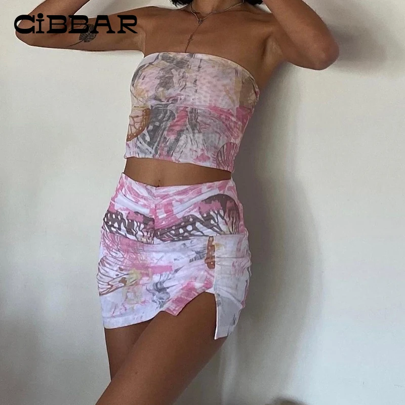 

Комплект из двух предметов CIBBAR Женский, облегающий сетчатый топ без рукавов и без бретелек и мини-юбка, уличная Клубная одежда