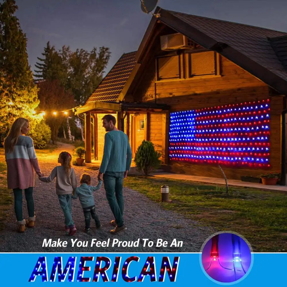 

390LED American Flag Net Lights US National Flag Festival Outdoor Waterproof Hanging String Lamp for Home Garden Christmas Decor