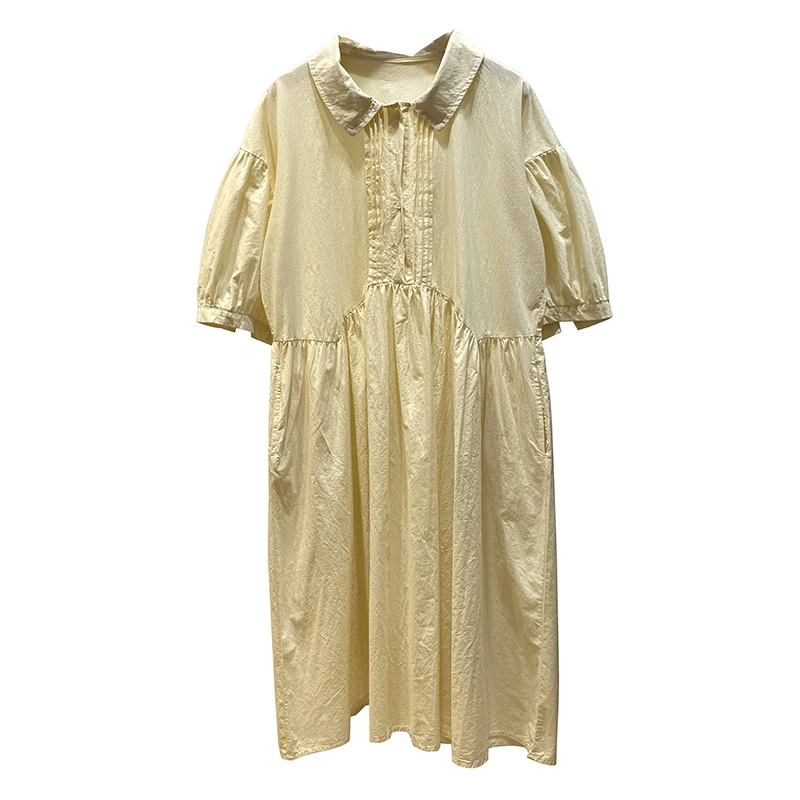 

Summer Korean Style Retro Polo Lapel Pleated Placket Hedging Short-Sleeved Dress Women's Loose Shirt Dress Fashion