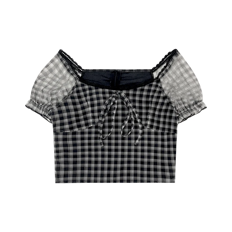 

2021 Summer New Plaid Blouse Women Retro Square Collar Shirt Casual Lace Chiffon Puff Sleeve Short sleeve Tops Female Korea