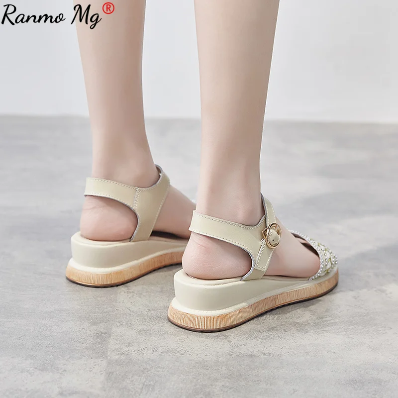

New Sandals Women 2021 Summer Black Chunky Sandal Breathable Wedge Flat Shoes Beige Buckle Strap Female Sandalias Mujer 35-40