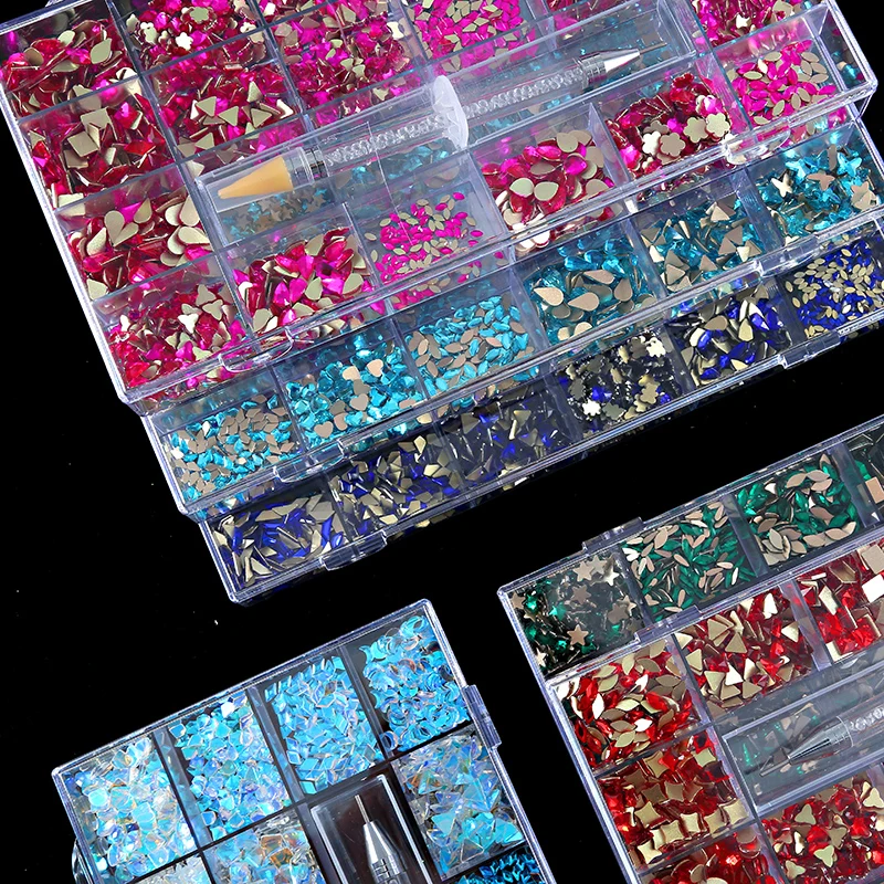 

1Box Mix 20 Styles Flatback Rhinestone In Grids Crystals 3D Nail Art Flat-Back Stones Gems + 1 pick pen In Clear Big Box H&*&
