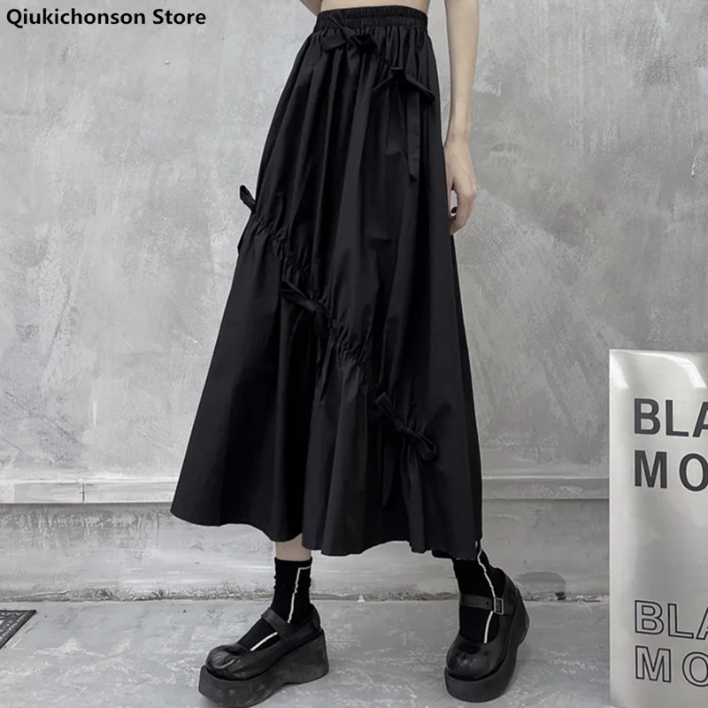 

Qiukichonson Mid Long Skirts Womens Pleated Skirt 2021 Goth Lolita Spring Summer High Waisted Bowknot Design Black Skirt rok