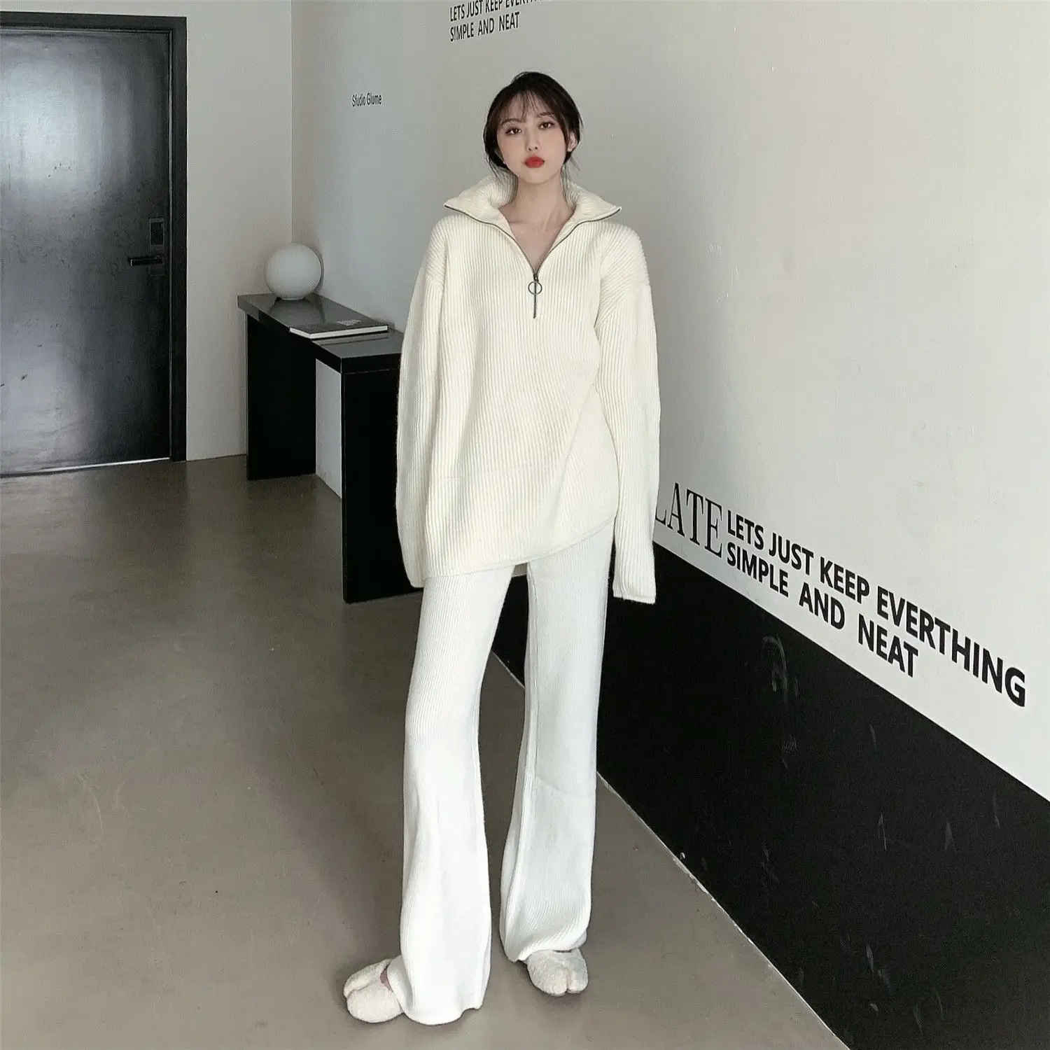 

Pneime Autumn Winter Women's tracksuit Solid Color Striped Turtleneck Sweater and Elastic Trousers Suits Knitted Two Piece Set