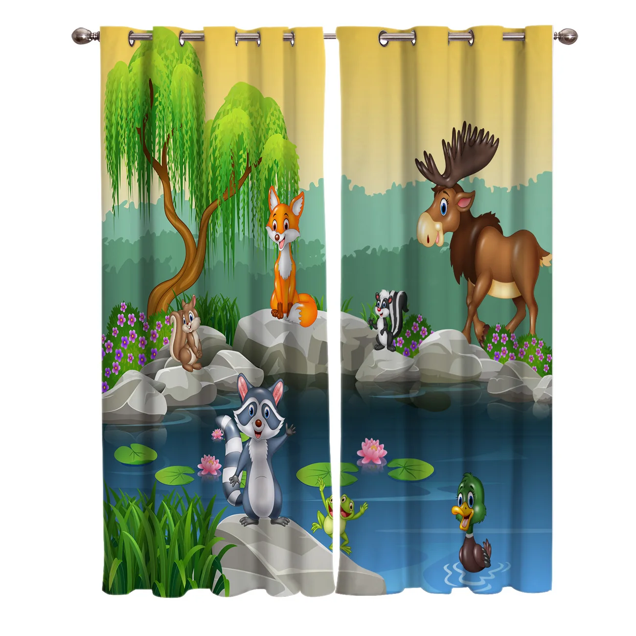 Животные мультфильм озеро вода прекрасный гармония детские яркие окна шторы для