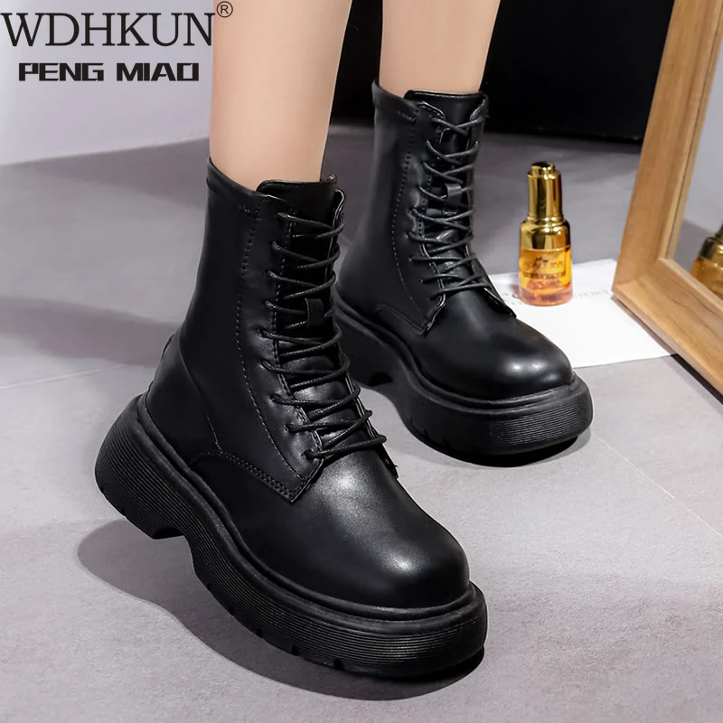 

Genuine Leather Women Platform Martin Boots Autumn Fashion Thick Bottom Zipper Motorcycle Boots British Style Booties