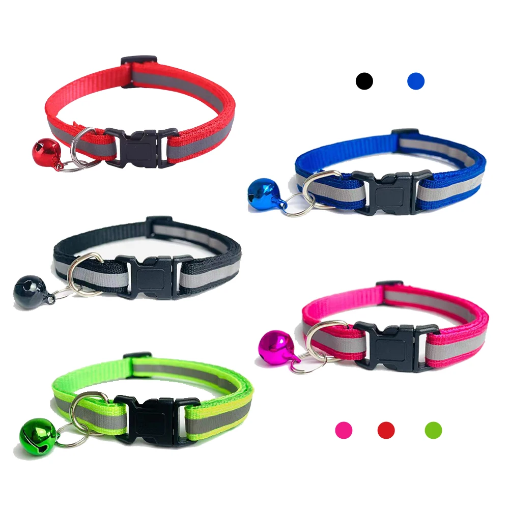 

5 Colors Adjustable Pet Dog Cat Collar Safety Reflective Separate Buckle Strap Bells for Kitten or Puppy Chihuahua Bulldog Leash