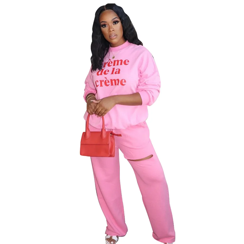 

Women's two-piece winter pink letter printed sportswear and size T-shirt top and pants suit suit casual wholesale