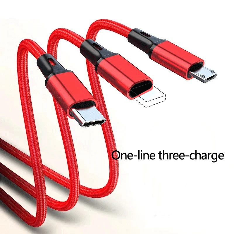 

Nylon Cable 3 in 1 Charging Cable For iPhone Android Type-c Mobile Phone Multi-function Usb One Dragging Three Data Cable 1.2M