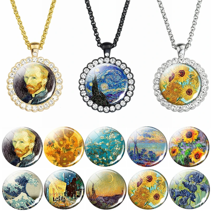 

Van Gogh Art Chain Necklace Sunflower Starry Night Exquisite Crystal Pendant Jewelry Men Women Retro Necklace Accessories Gift