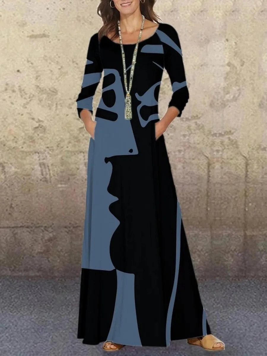 

2020 Women Summer Elegant Long Sleeves New Fashion O-Neck Printing Long Dresses Ladies 4XL Loose Vestido Casual 100%Lanon