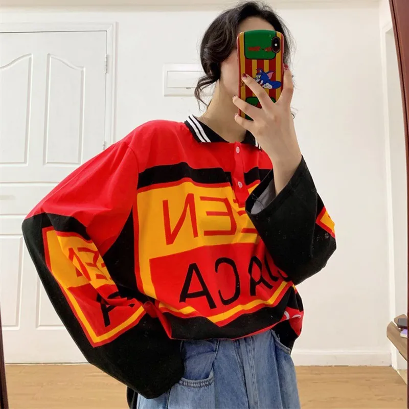 Осенняя Женская голографическая футболка Корейская Повседневная рубашка-поло с