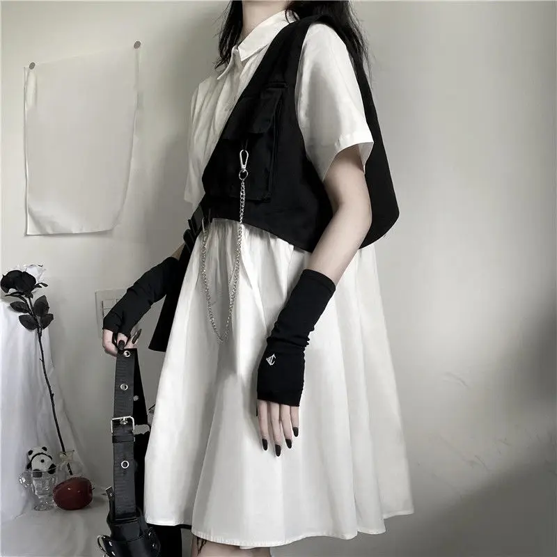 

Women Sets Solid Sweet Knee-length Korean-style Dresses Chain Stylish Street-wear Vest Fashion Club-wear Cool Girls Ulzzang Chic