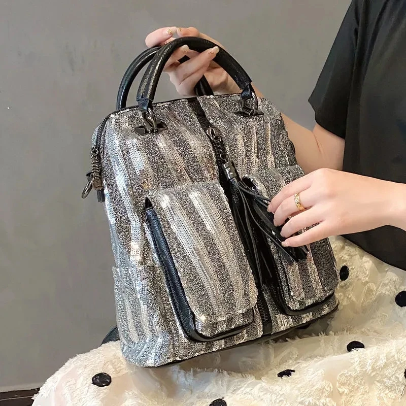 

Модные дизайнерские рюкзаки, сумки, многофункциональные сумки из блестящей искусственной кожи с карманами, новинка 2021, женские сумки на пле...