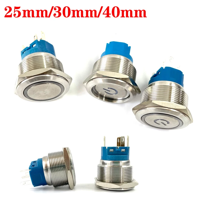 25mm/30mm/40mm stainless steel metal button switch round flat led ring instantaneous power mark car switch 12V 24V yellow blue