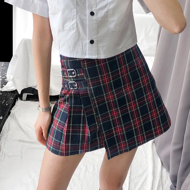 Мини юбка в клетку Harajuku Повседневная Женская с высокой талией Винтаж корейский